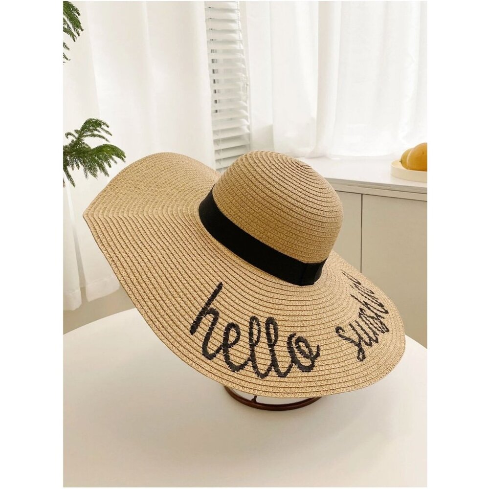 Hello Sunshine Paper Straw Floppy Beach Sun Hat Women One Size‎ Embroidered Tan
